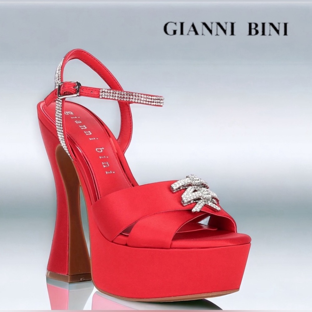 GIANNI BINI DEMPSEY SATIN RHINESTONE BOW PLATFORM SANDALS